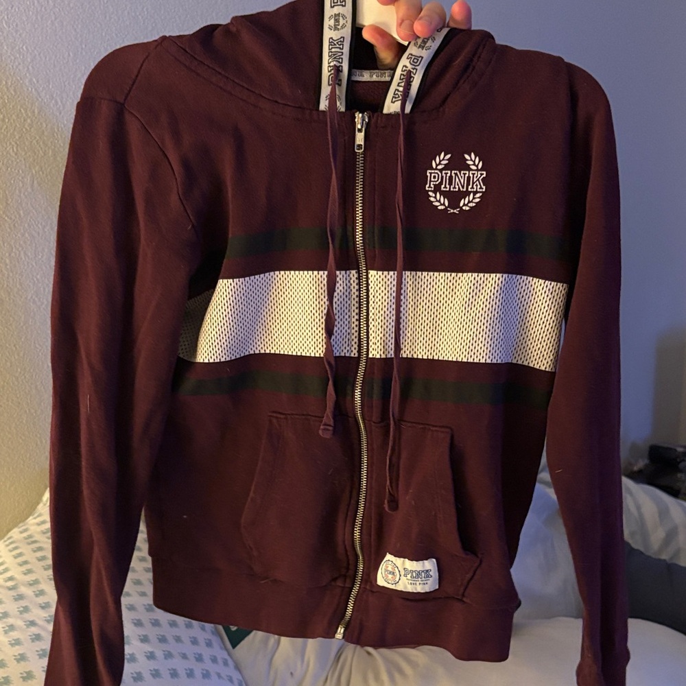 PINK Victoria's Secret Burgundy Hoodie with White and Green Accents